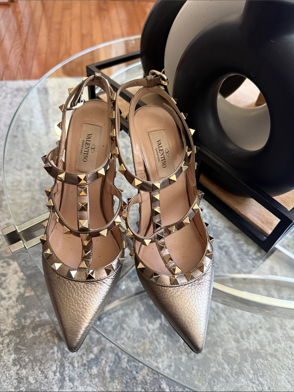 Valentino Metallic Taupe Rockstud Pointed T-Strap Pumps